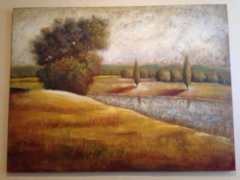 1. Contemporary landscape oil painting by Reperch depicts golden fields, trees, and a reflective water scene.  