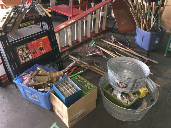 1. Assorted Reperch tools including rakes, buckets, and toolboxes for various house and yard jobs, category Tools.