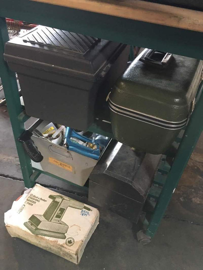 3. Collection of Reperch toolboxes, containers, and a boxed sander stacked on a utility cart, Tools category.