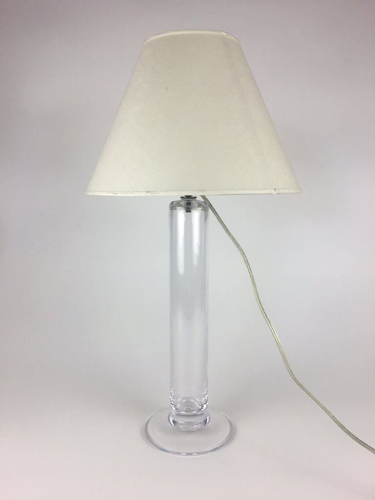 2. Simon Pearce clear glass lamp featuring etched signature and a simple white linen shade, in Lighting category.