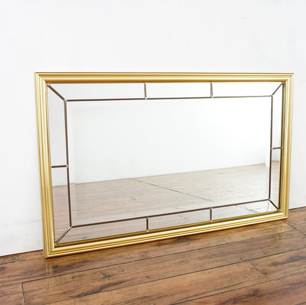 1. Rectangular 1980s Reperch mirror with gilded gold frame, excellent condition, shown upright on wood floor.