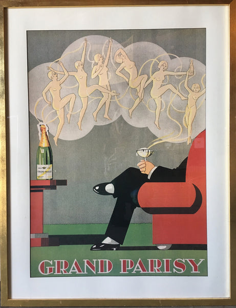 Framed Reperch print for Grand Parisy, featuring champagne, a seated figure, and dancing figures above.  