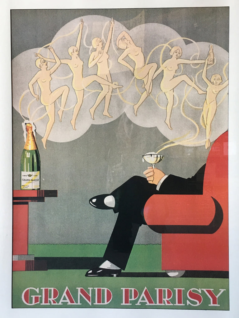 Vintage-style framed art print with a glass of champagne and outlined dancers, under "Grand Parisy" title.  