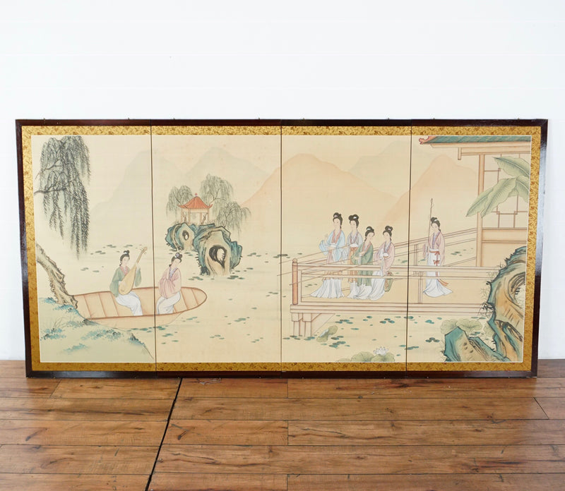 - Four panel hand painted silk screen with elegant women in traditional attire, framed in black lacquer.  