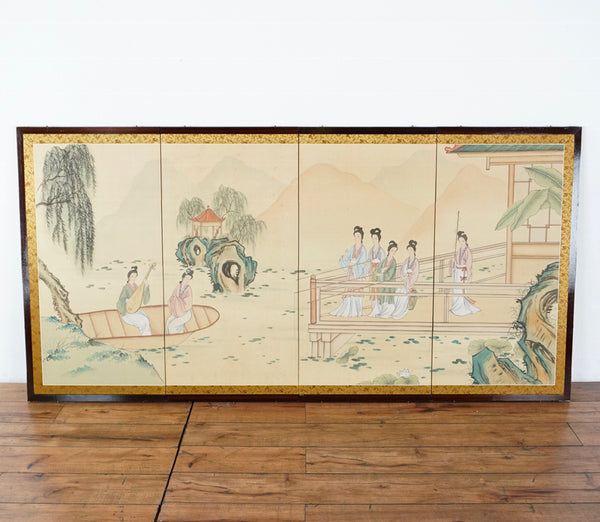 - Four panel hand painted silk screen with elegant women in traditional attire, framed in black lacquer.  