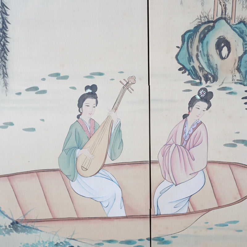 - Two women dressed in traditional garments, one playing a lute, sit in a boat on a painted silk screen.