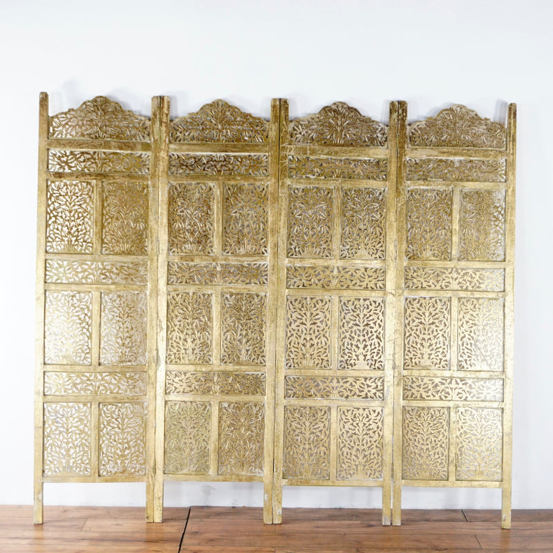 3. Indian-made Reperch screen divider, four carved wooden panels with decorative patterns, shown flat on display.