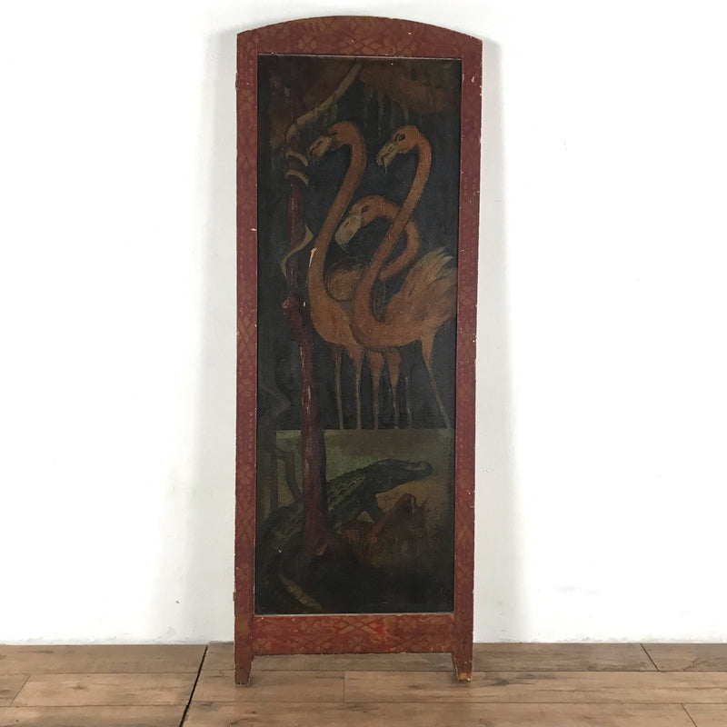 2. Single panel from the Reperch divider, showing hand painted flamingos and a crocodile in earthy tones.  