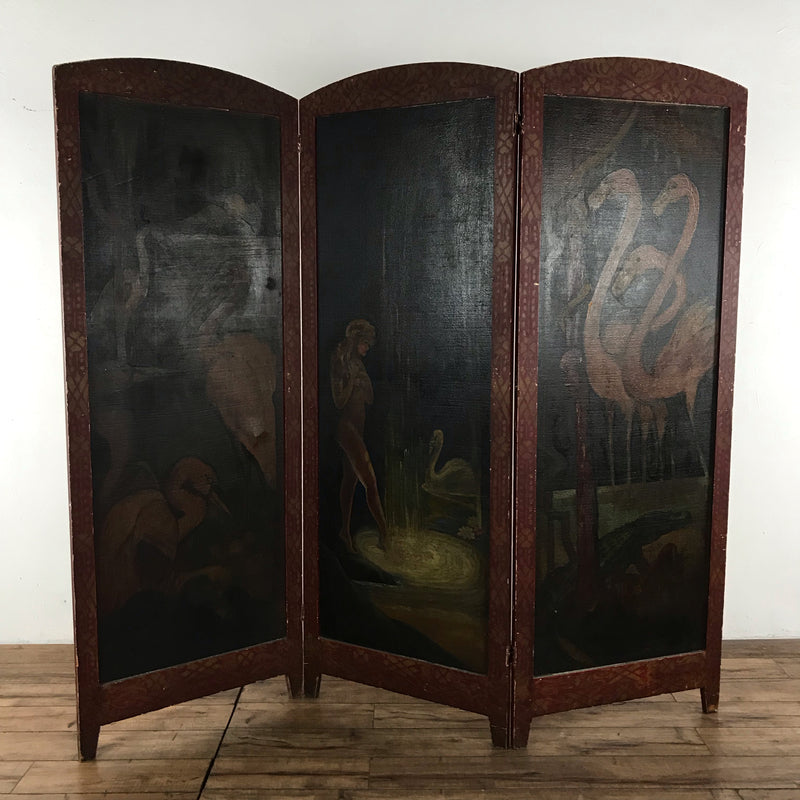 1. Three-panel hand painted wood room divider by Reperch, featuring birds and a woman in a natural setting.  