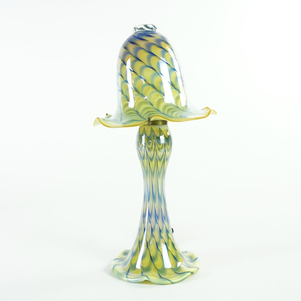 1. Reperch hand blown glass lamp with bell shade, Tiffany style, artisan made, unlit, on white background.