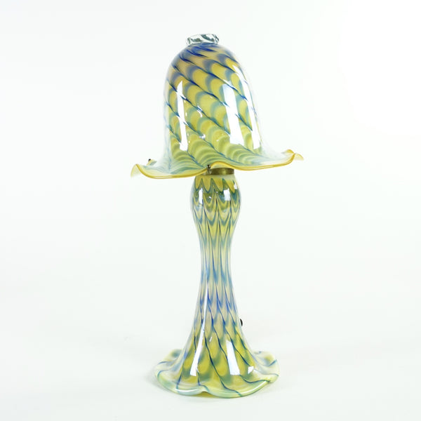 1. Reperch hand blown glass lamp with bell shade, Tiffany style, artisan made, unlit, on white background.