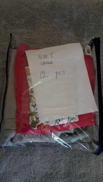 1. Clear zippered bag containing assorted women's Reperch clothing, labeled "NWT Items 12 pcs" on paper.