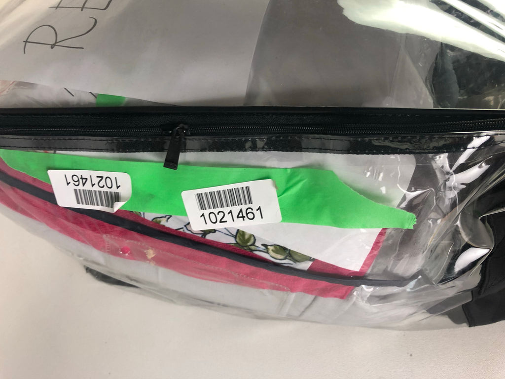 2. Clear zippered bag with labeled barcodes, containing folded Reperch women’s clothing, visible floral pattern.