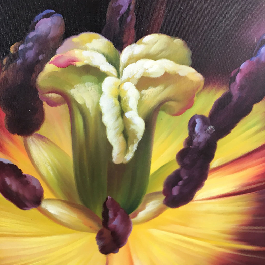 Close-up detail of the flower’s center with yellow, green, and deep purple brushstrokes on canvas.  