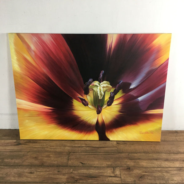 Acrylic painting of a vibrant flower in shades of yellow, red, and purple, signed 'Bertolilo' in lower right.  