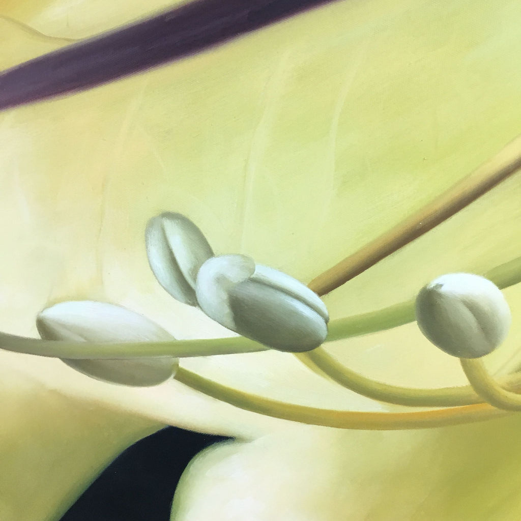 Close-up view of yellow lily stamens in an acrylic painting by Samuel, brand Reperch, Drawings & Paintings.