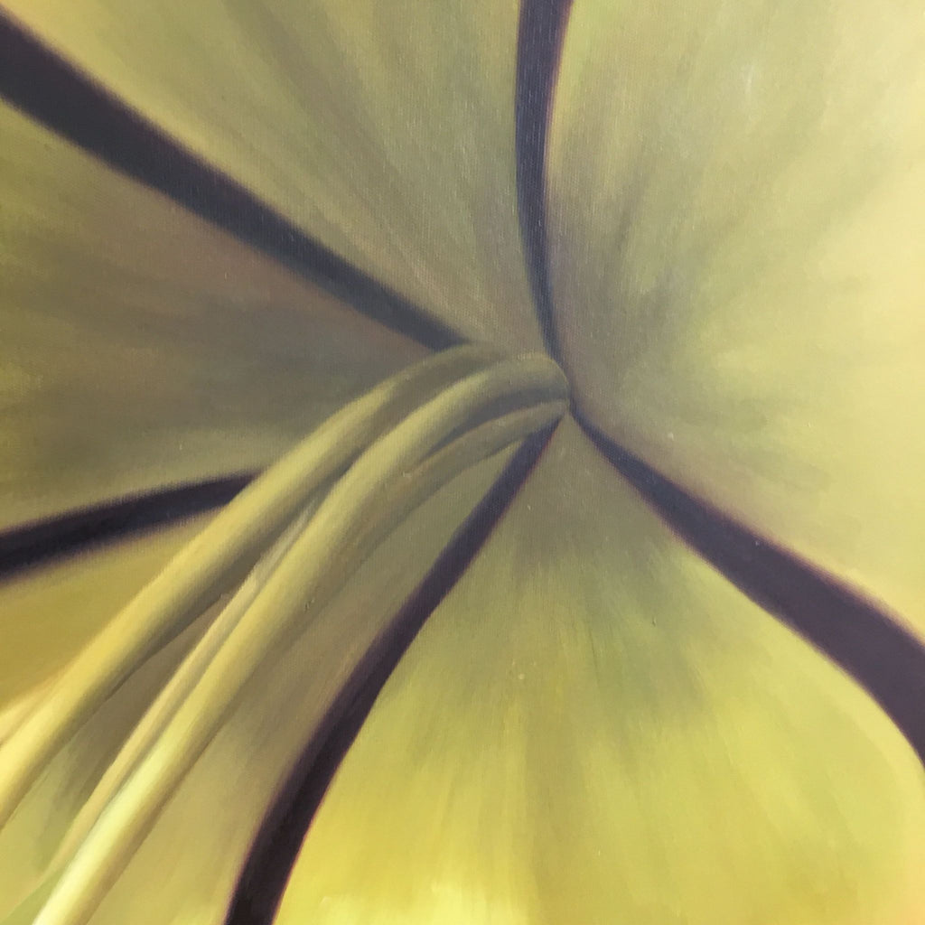 Macro detail of swirling yellow lily petals in Samuel’s Reperch acrylic painting, mounted on canvas, unframed.