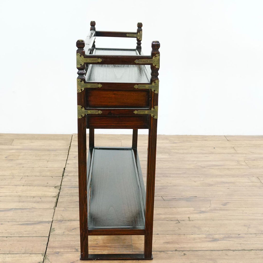 2. Side view of Reperch side and console table with brass fittings, showing slim profile and lower shelf.