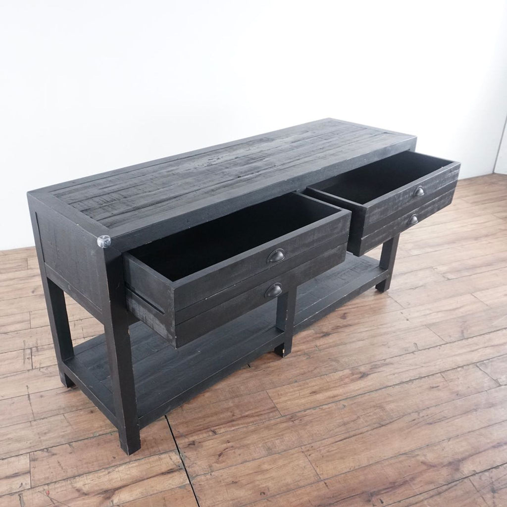3. Angled view of the espresso pine console table by Restoration Hardware with drawers open, showing storage space.