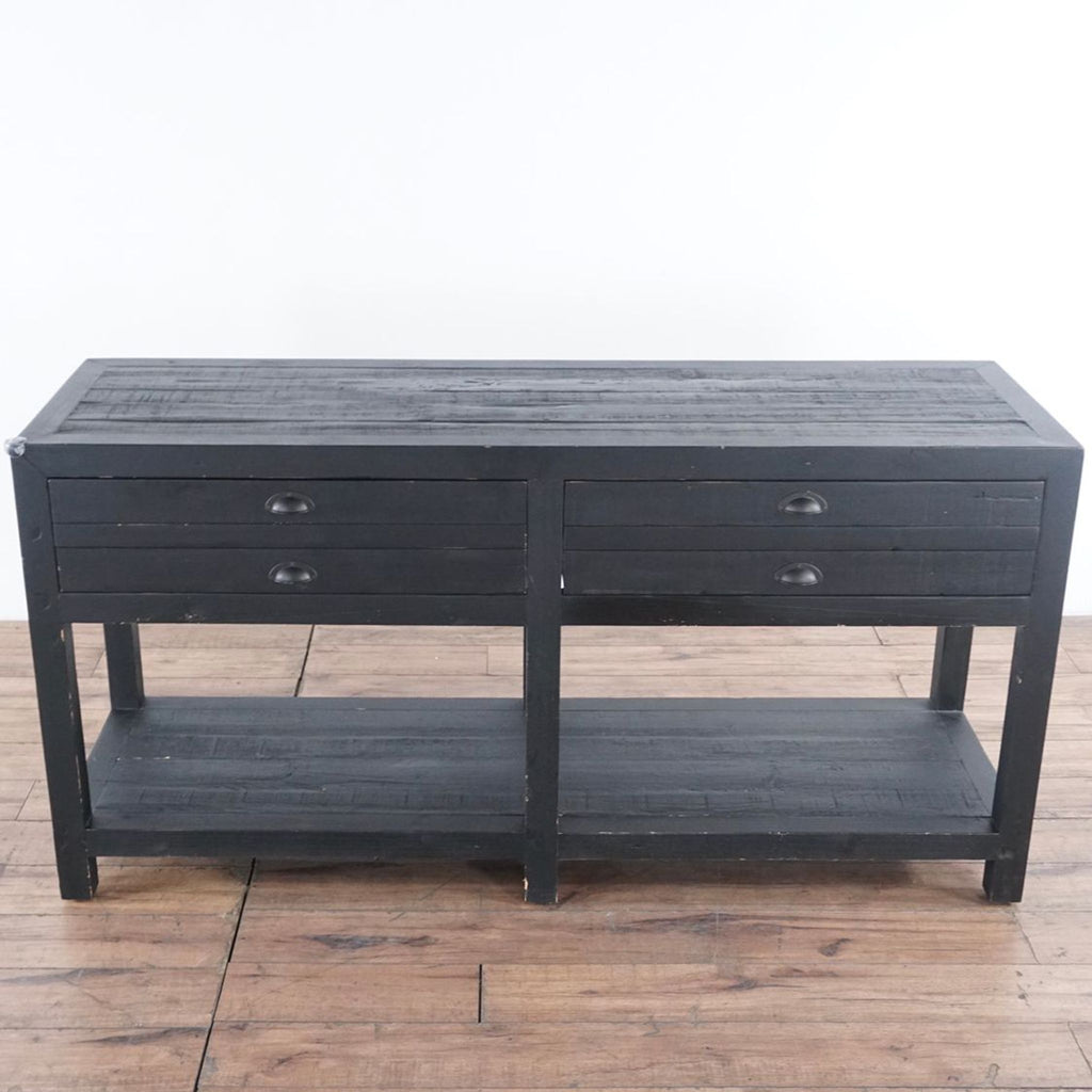 1. Espresso pine Restoration Hardware console table with flat file-inspired drawers and an open lower shelf, front view.