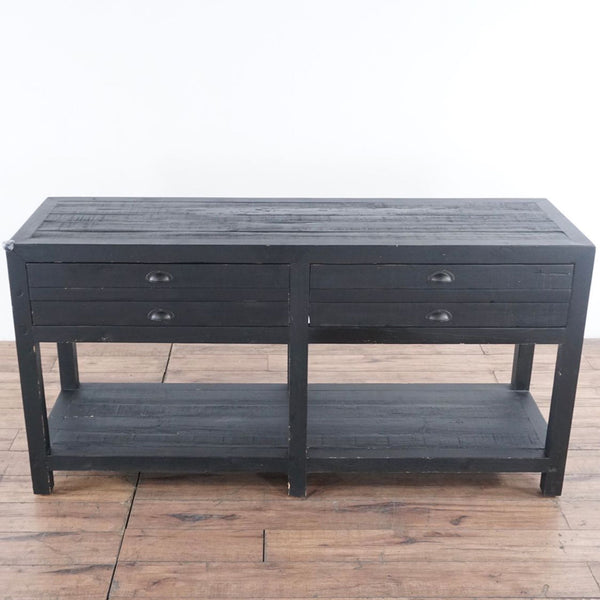 1. Espresso pine Restoration Hardware console table with flat file-inspired drawers and an open lower shelf, front view.