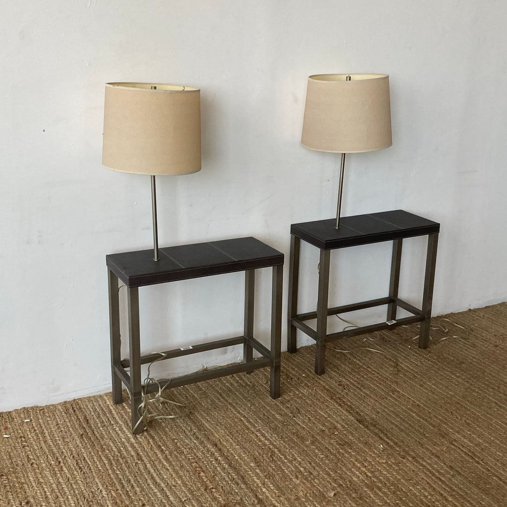3. Matching Ethan Allen end tables, each topped with a slender lamp and beige drum shade, minimalist style.