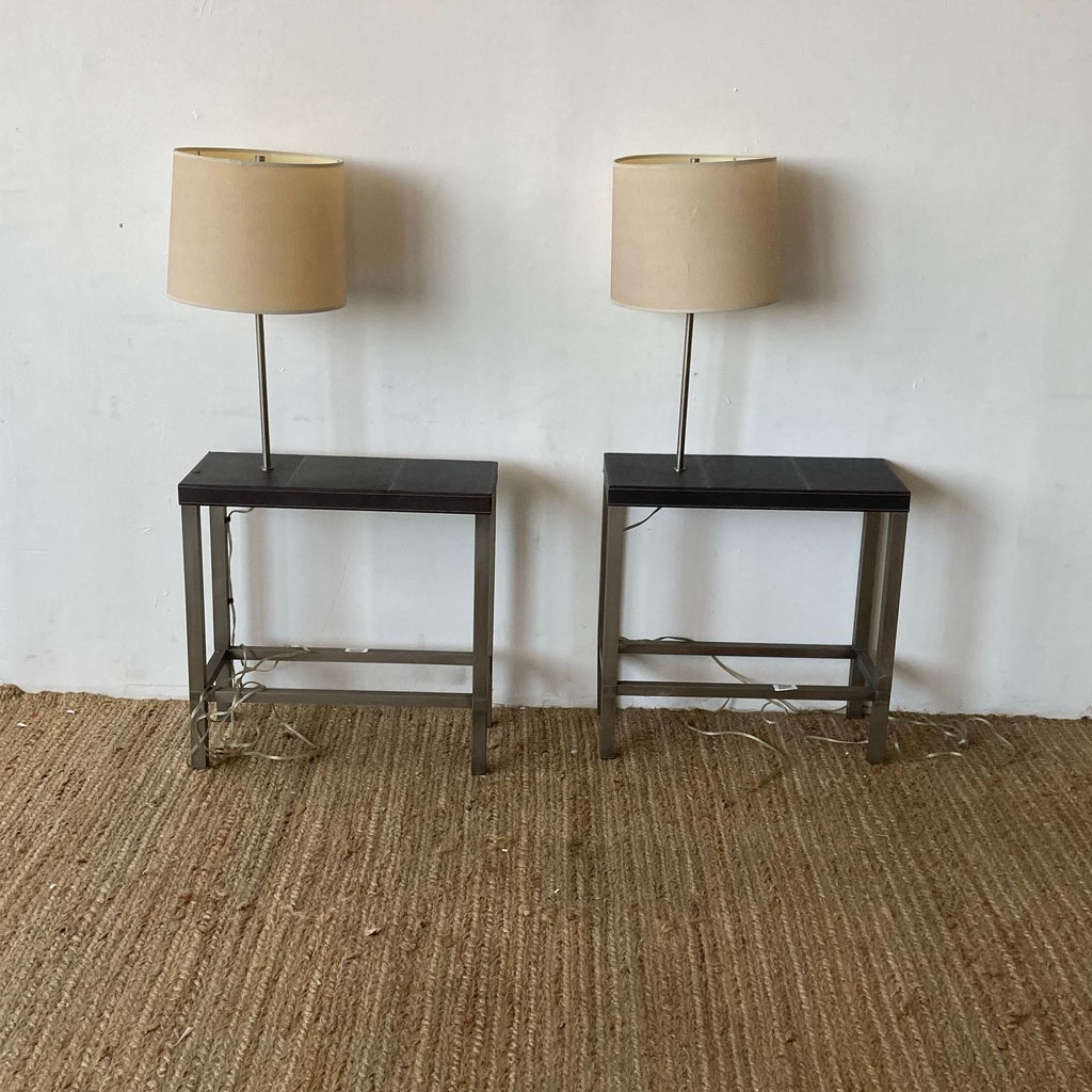 1. Pair of Ethan Allen end tables with metal frames, black tops, and matching tall lamps with beige shades.  