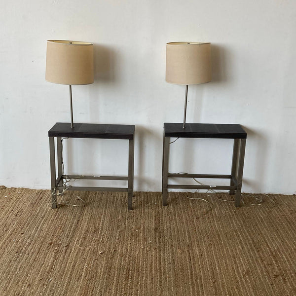 1. Pair of Ethan Allen end tables with metal frames, black tops, and matching tall lamps with beige shades.  