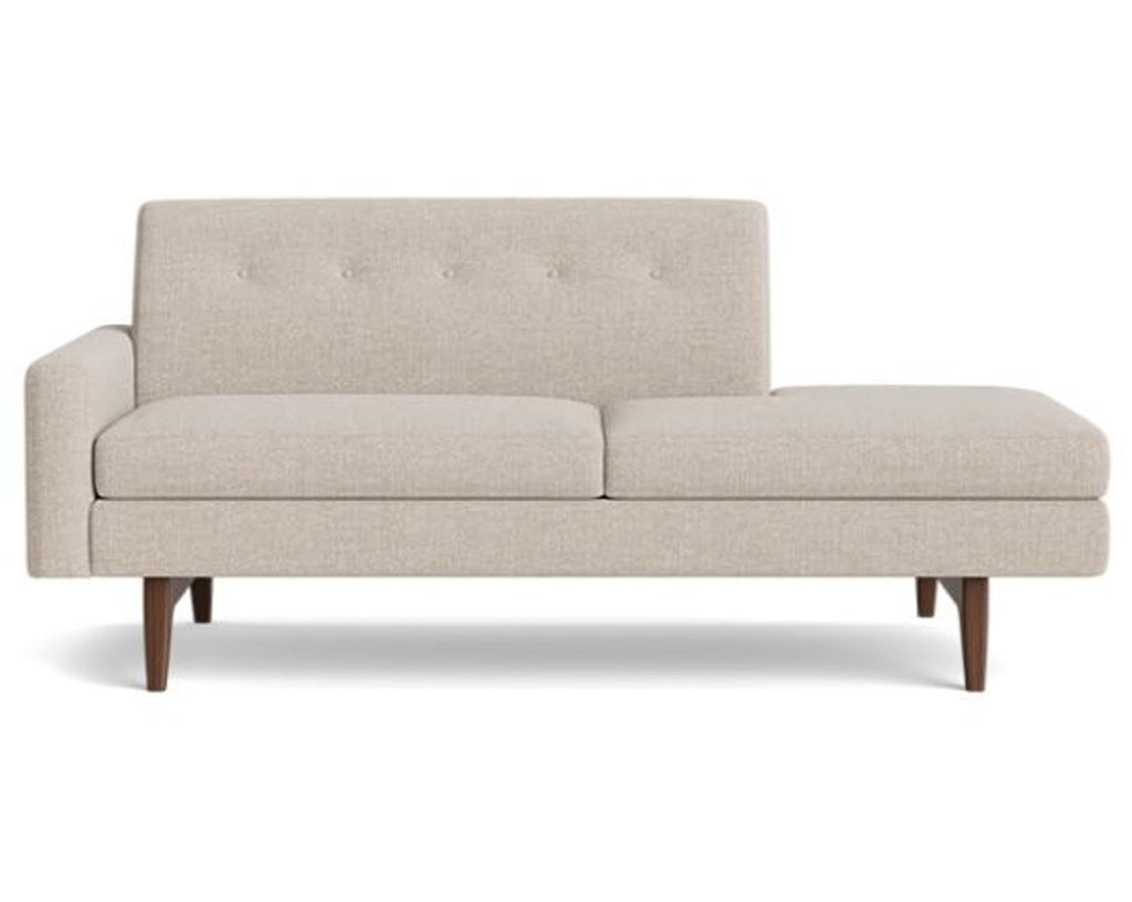 Front view of a modern 3-seat beige sofa with wooden legs.