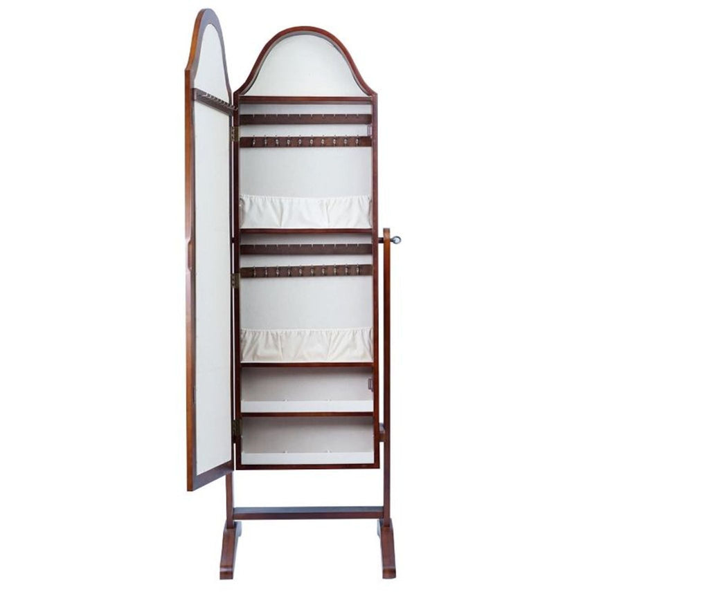 Open mirror cabinet lined with felt, featuring hooks, earring bars, and compartments.