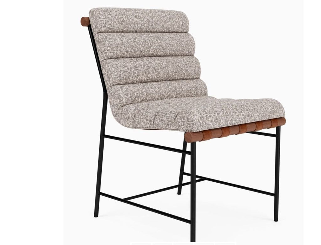 Side view of Vail Dining Chair featuring ergonomic design and leather straps.