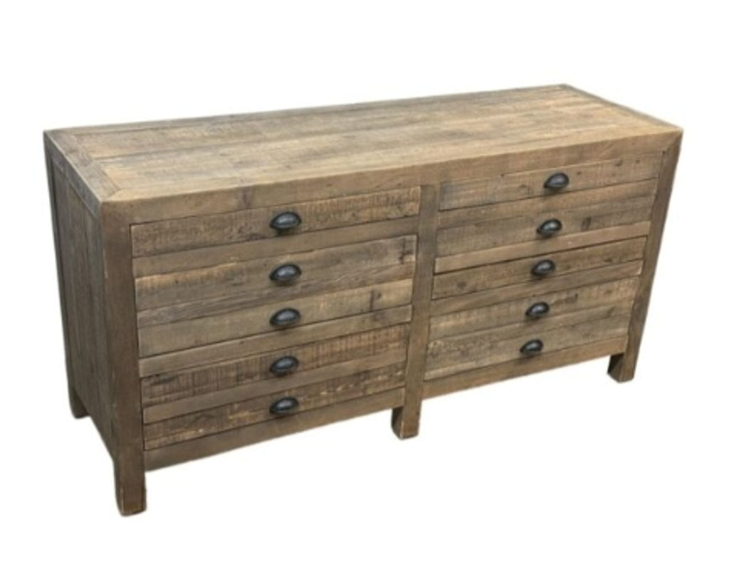 Rustic media cabinet with distressed pine, two shallow drawers, drop front doors, and deep bottom drawers.
