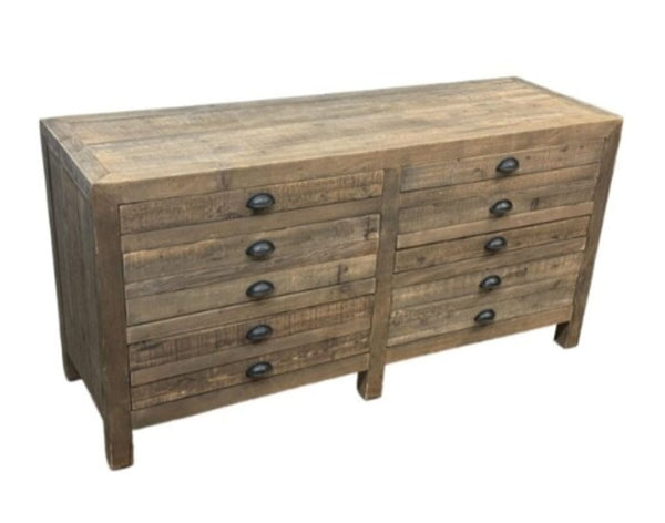 Rustic media cabinet with distressed pine, two shallow drawers, drop front doors, and deep bottom drawers.