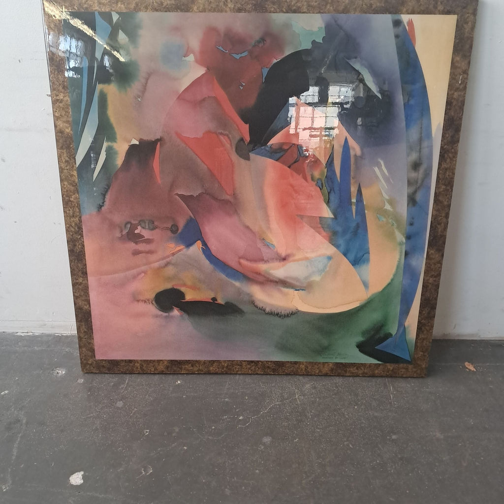1. Abstract watercolor-style Reperch painting in brown frame, featuring colorful swirls and geometric shapes, 43x43 inches.