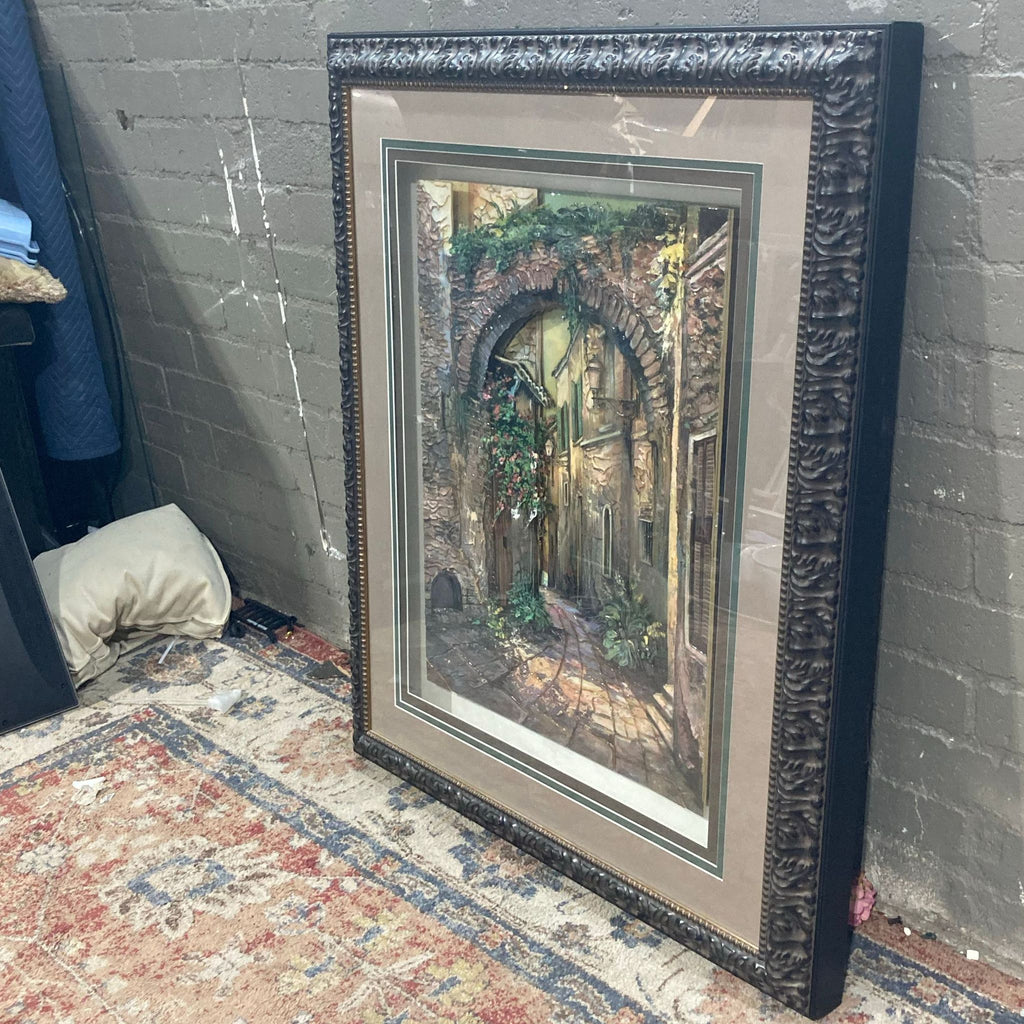 3. Side view of a dimensional Reperch framed artwork, showing a detailed old-world alley and arch, home décor art.