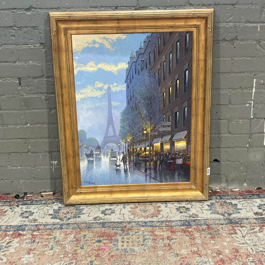 1. Framed painting by Reperch depicts a vibrant Paris street scene near the Eiffel Tower under a blue sky.