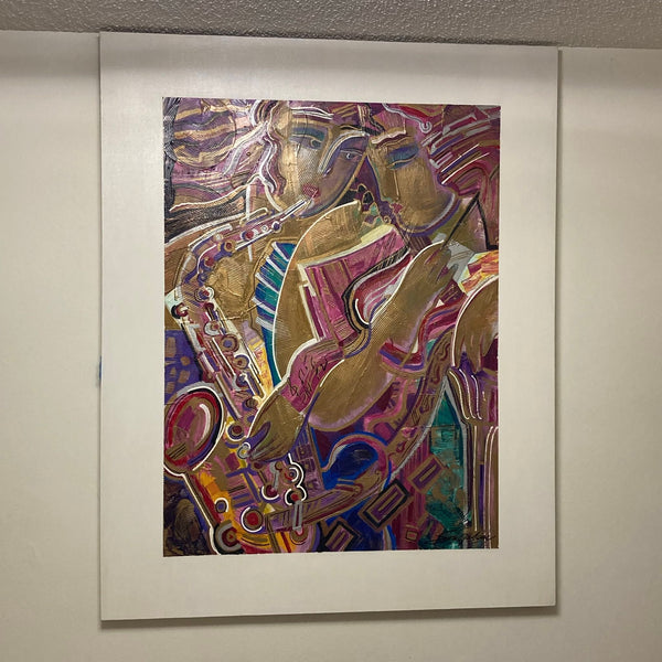 1. Abstract Vadik Suljakov painting showing two musicians in vibrant colors, one playing a saxophone, on a white wall.  