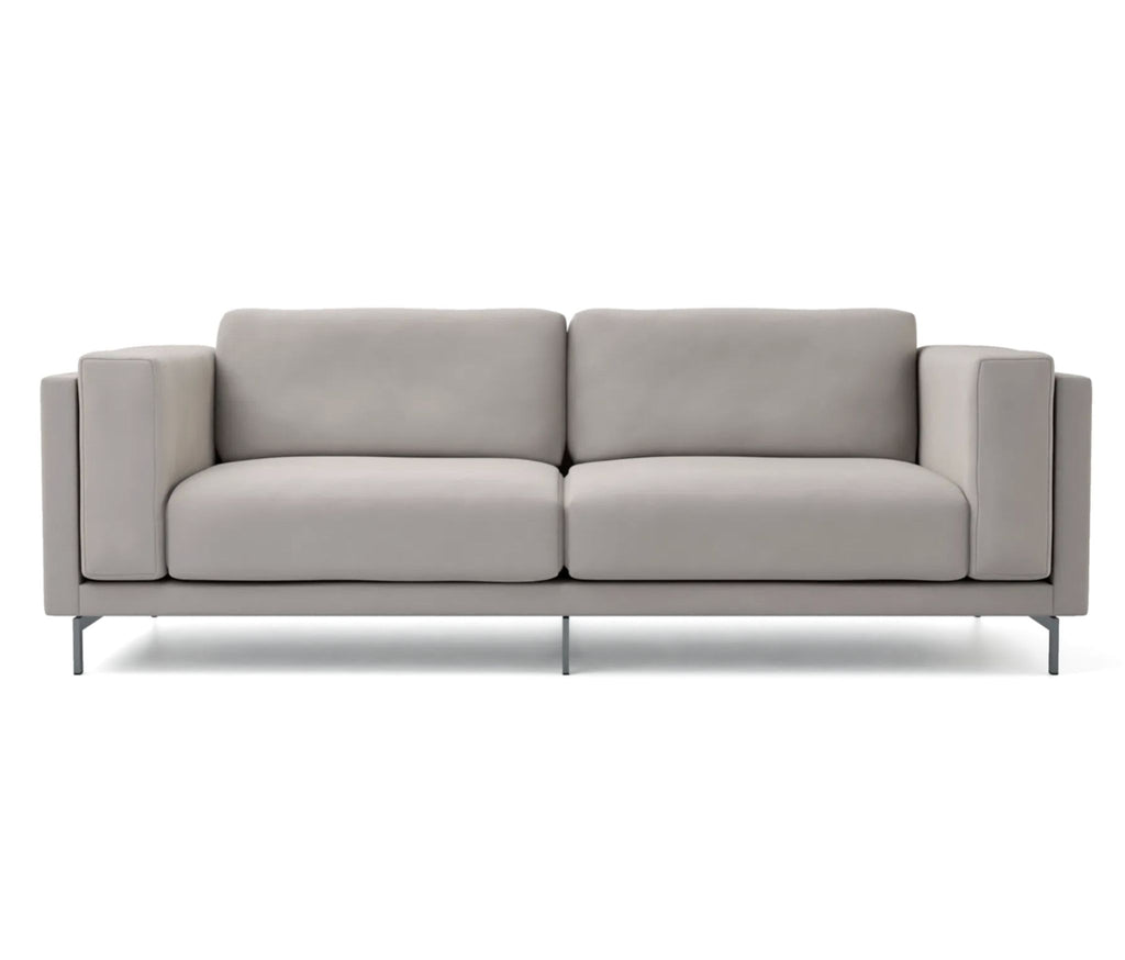 Modern light gray Ikea 3-seat sofa with boxy arms and metal legs, shown against a white background.