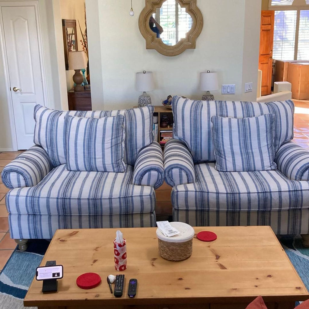 Blue and white striped Craftmaster lounge chairs with plush cushions and rolled arms, gently used, in great condition.