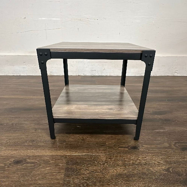 Industrial end table by Walker Edison with steel legs and a multi-grain MDF laminate top in a modern design.  