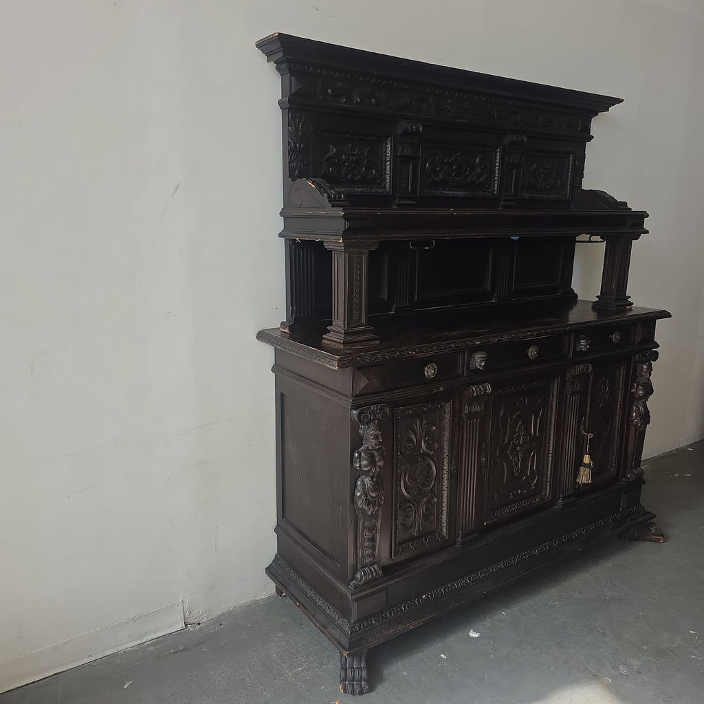 Antique Late 19th Century Dark Wood Carved English Bar with Ornate Detailing