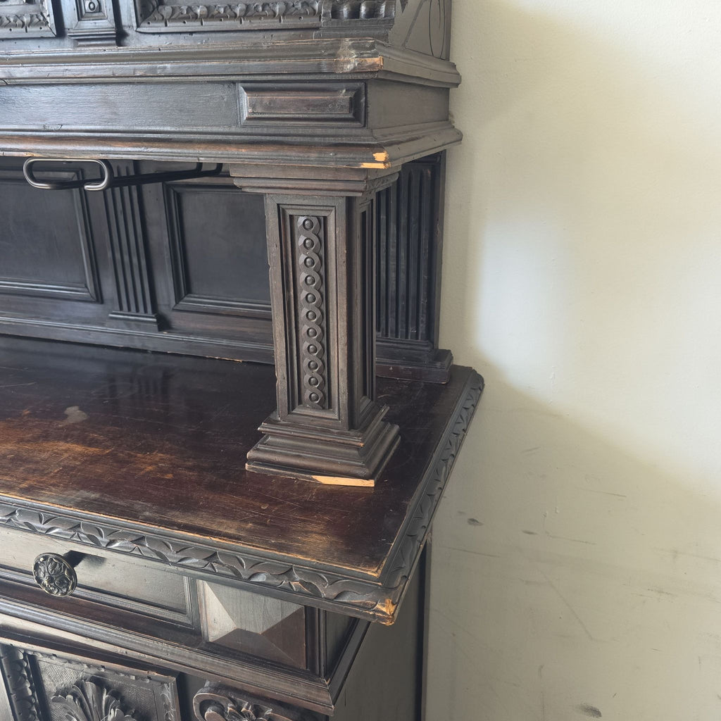 Antique Late 19th Century Dark Wood Carved English Bar with Ornate Detailing