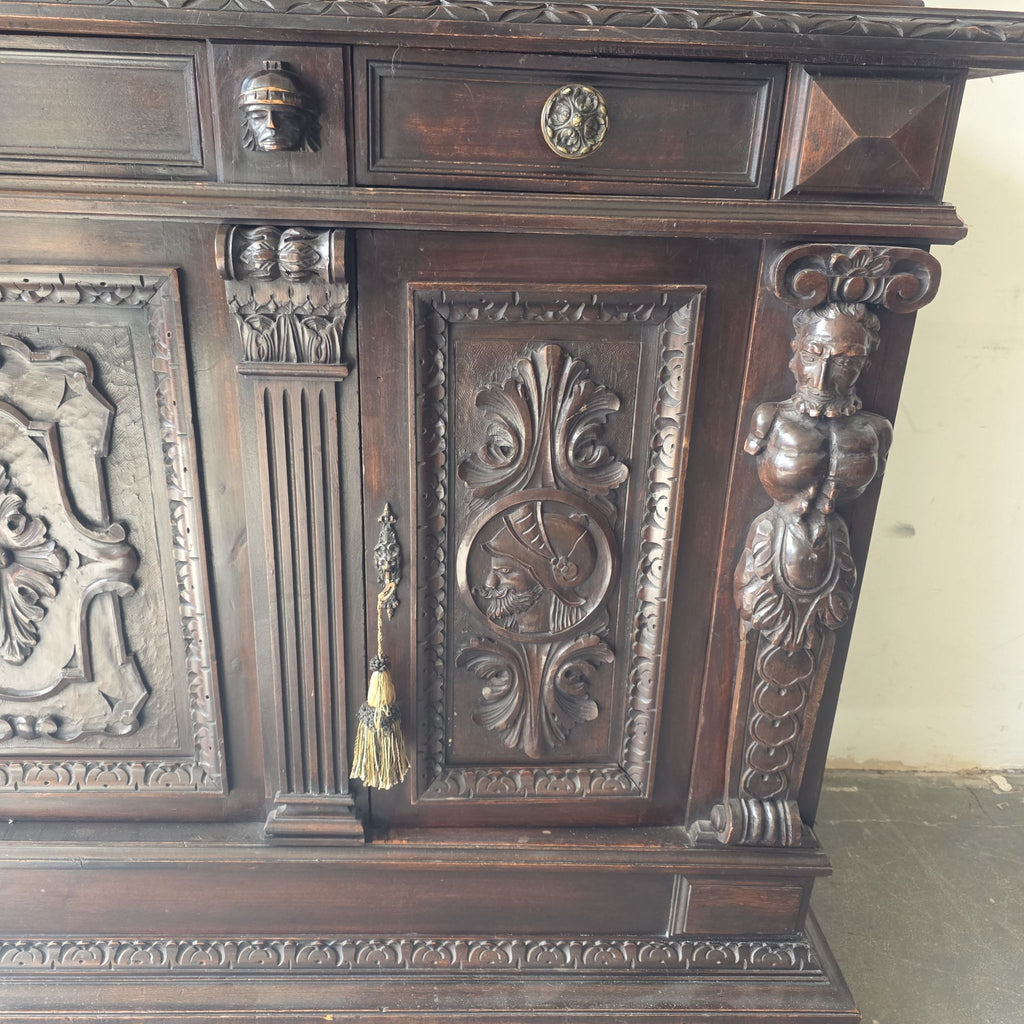 Antique Late 19th Century Dark Wood Carved English Bar with Ornate Detailing