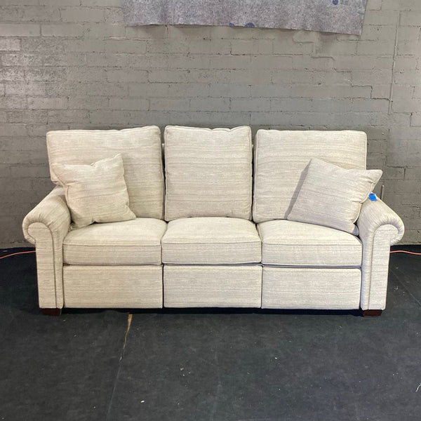 Stickley 3-seat sofa with beige fabric, matching pillows, rolled arms, and plush cushions; missing power cord.