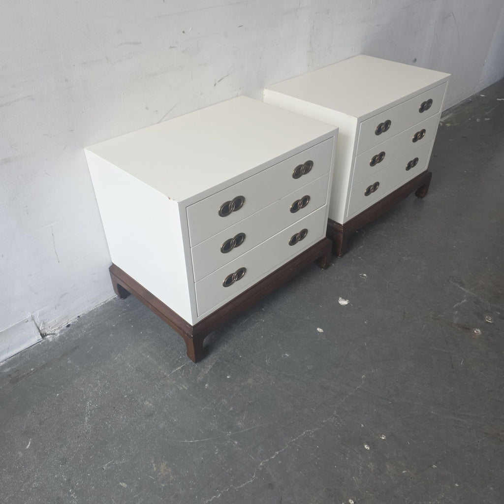 Henredon White 3-Drawer End Tables with Brass Pulls - Pair