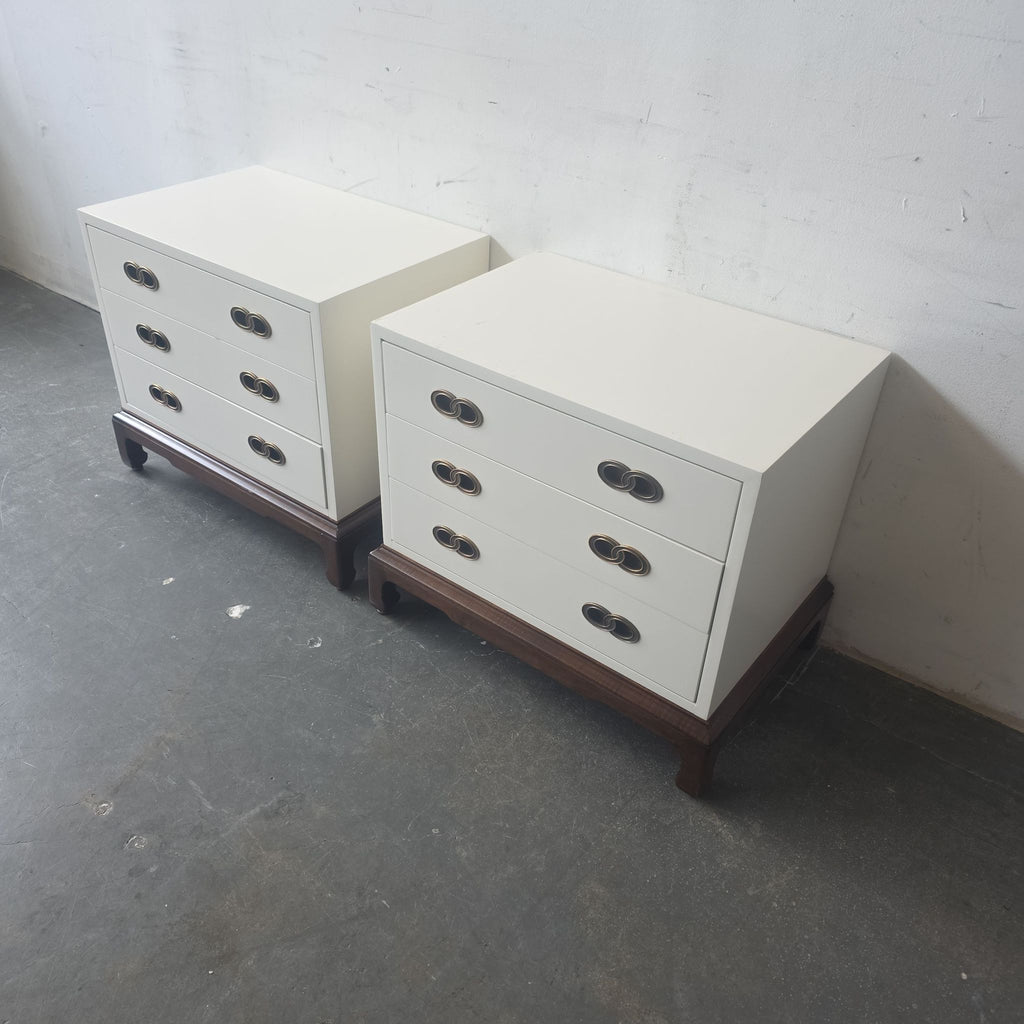 Henredon end tables: white, three-drawer design with brass accents and wood bases, ideal for storage.