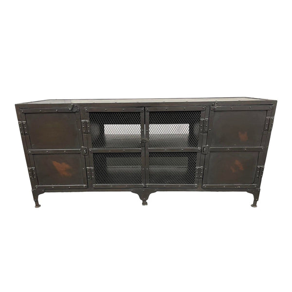 Restoration Hardware sideboard with metal frame and mesh doors, featuring six compartments for versatile storage.