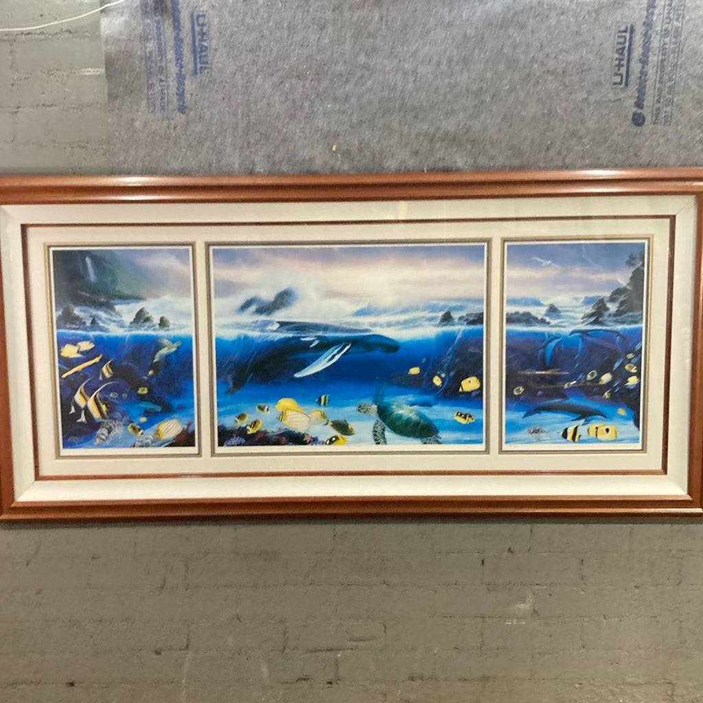 Vibrant underwater drawing in three panels, featuring whales and sea life, ideal for home or office decor.