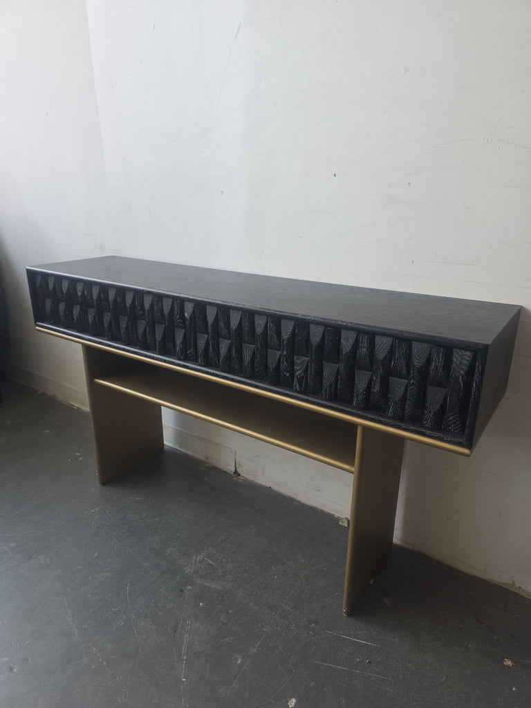 Luxe brand contemporary table featuring a spacious top, elegant gold accents, and open lower shelf for organization.