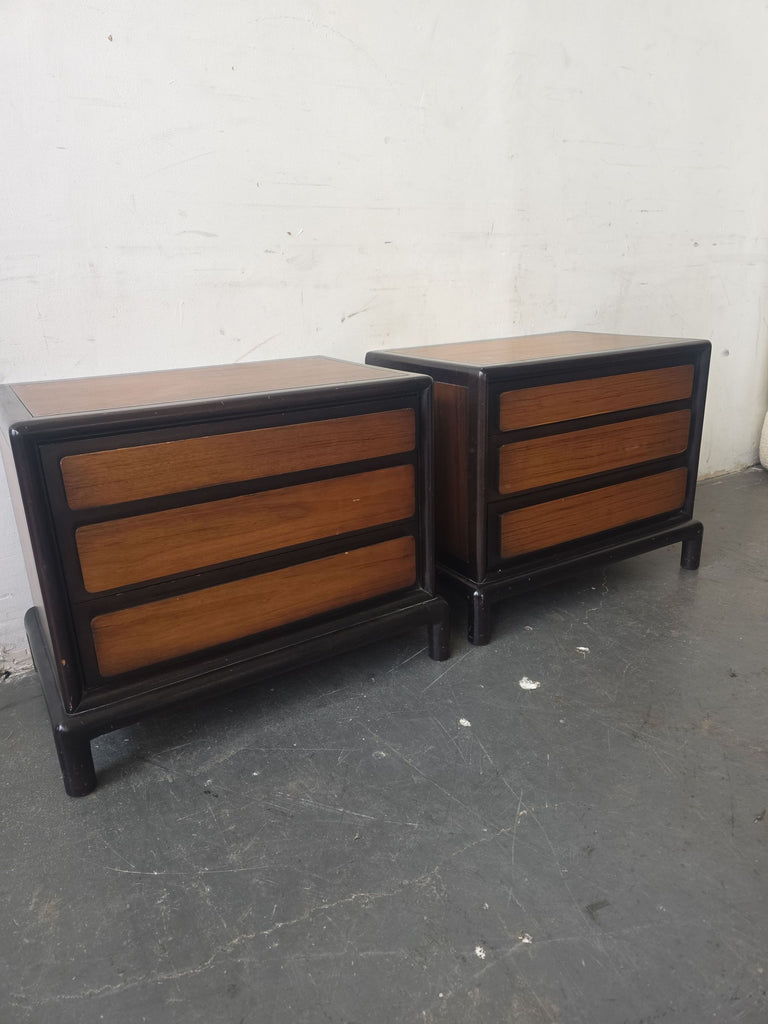 Pair of Vintage John Stuart for Mount Airy Teak Burl Walnut Chinoiserie Nightstands